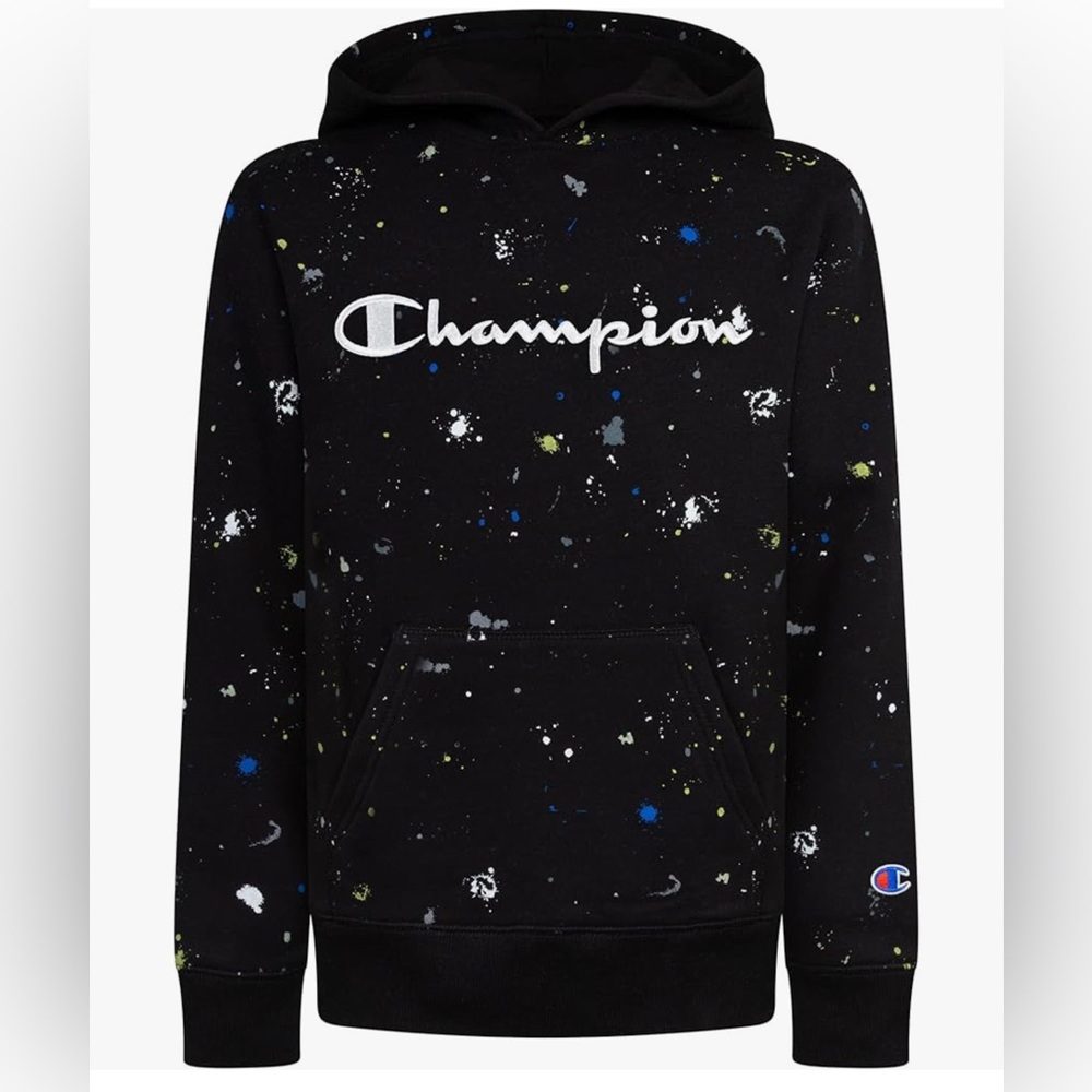 Champion Black Hoodie with Multicolor Paint Splatter